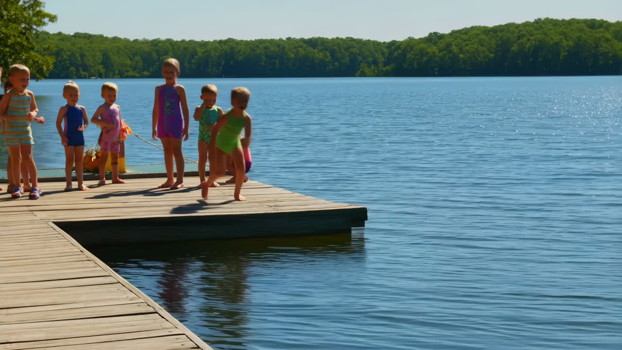 Children Jumping and Splashing into a Lake from a Wooden Dock