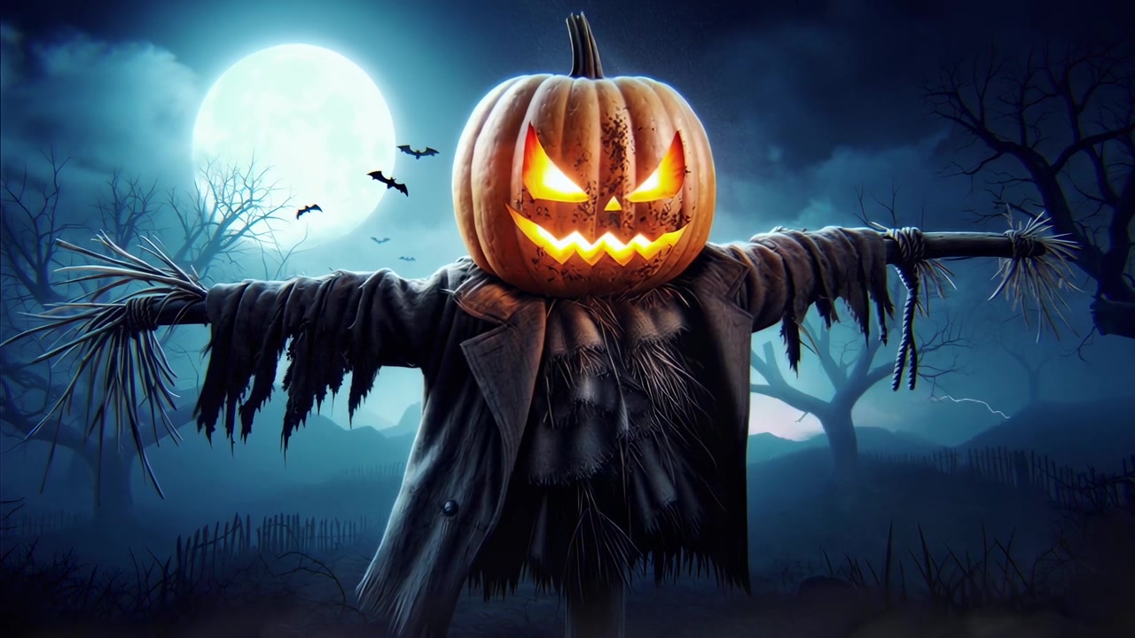 Spaventoso spaventapasseri con la testa di zucca in piedi in un campo buio di notte