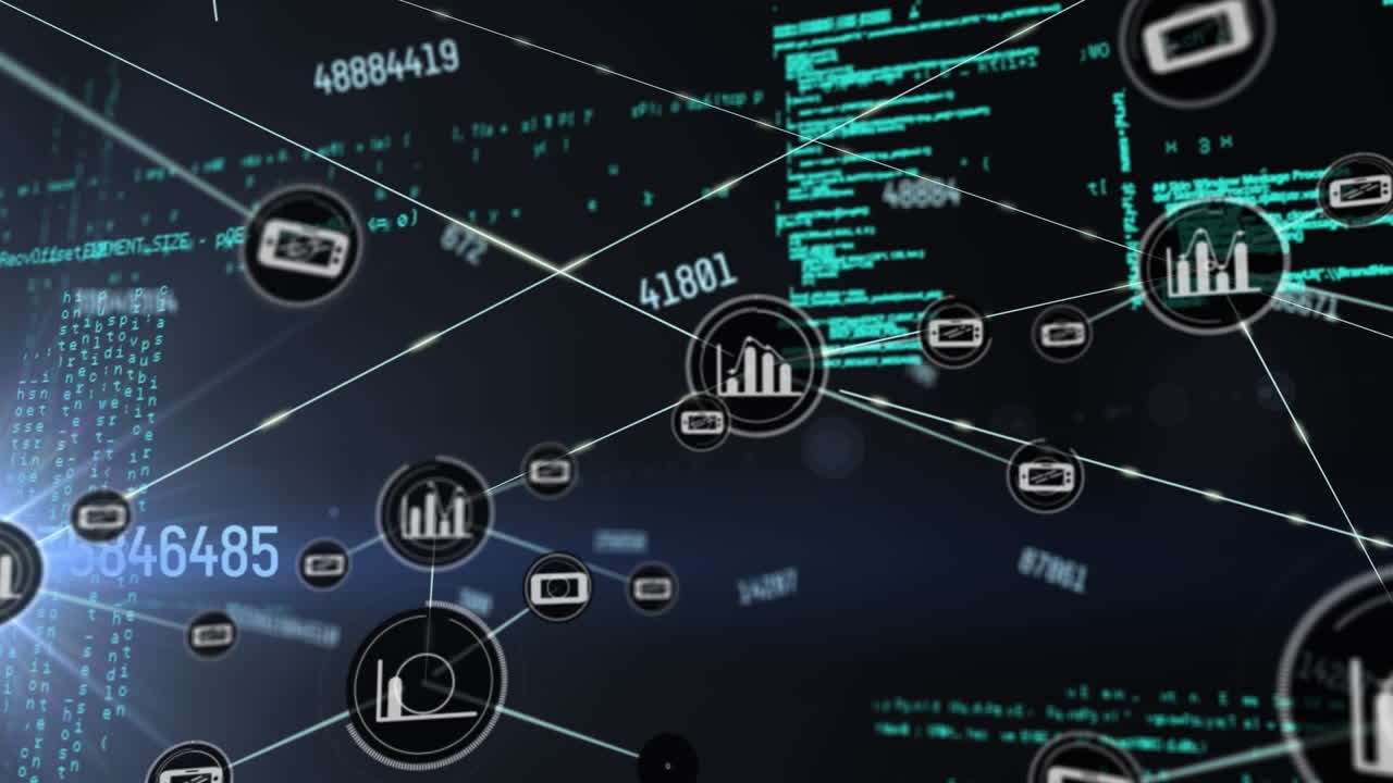변화하는 숫자, 연결된 아이콘 및 컴퓨터 언어의 애니메이션이 검은 바탕에 있습니다.
