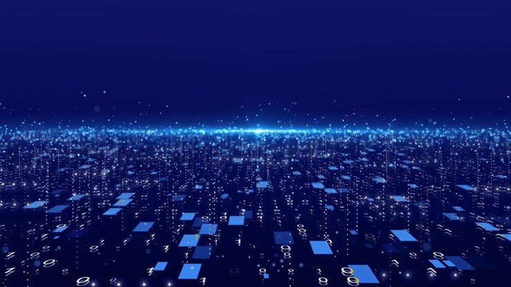 Blue binary data floor background with glowing number streams digital tiles bright horizon and