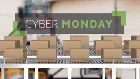 animation of cyber monday text over cardboard boxes on conveyor belts