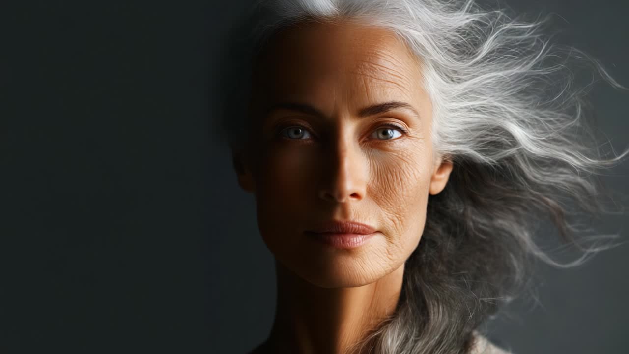 Captivating Portrait of a Mature Woman with Flowing Silver Hair, Radiating Grace and Confidence, Captured with Soft Lighting and an Intimate Expression in a Minimalist Setting