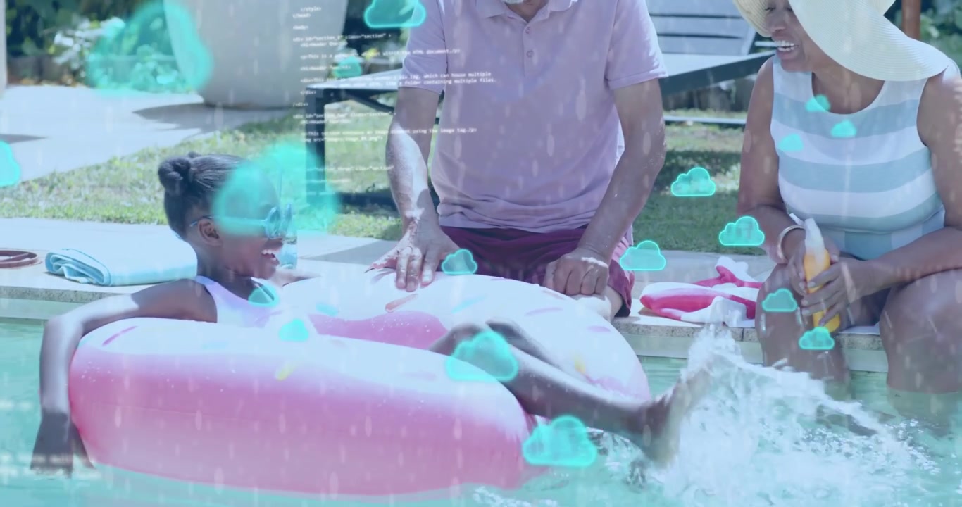 senior couple applying sunscreen while grandchild kicking pink tube splashing pool boosting health