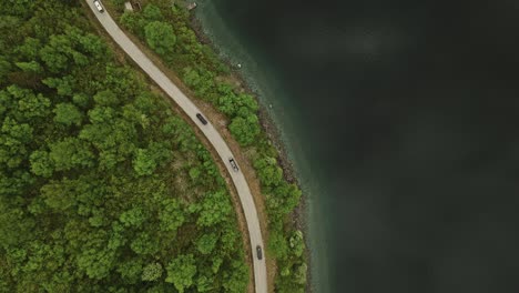 cars driving along lakeside road next to eikesdalsvatnet lake in norway, aerial view