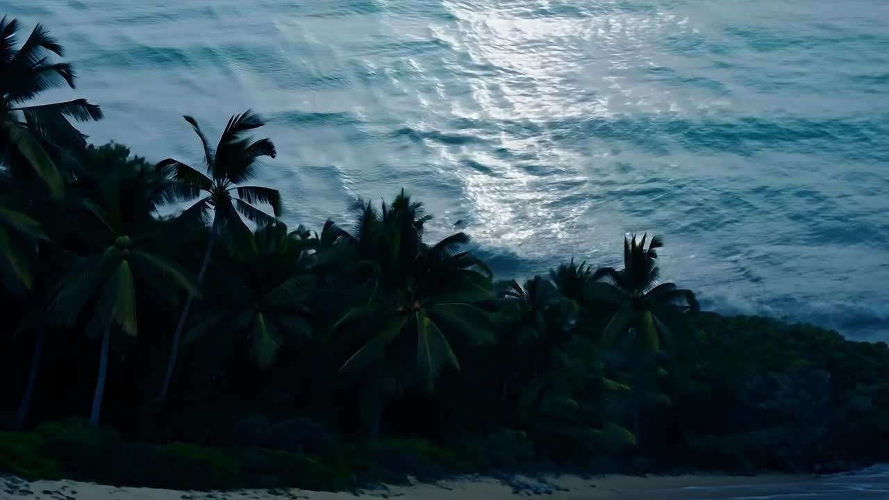 해가 지면 열대 해변에 바다의 파도가 부히고 하늘을 배경으로 나무의 실루이 나타납니다.