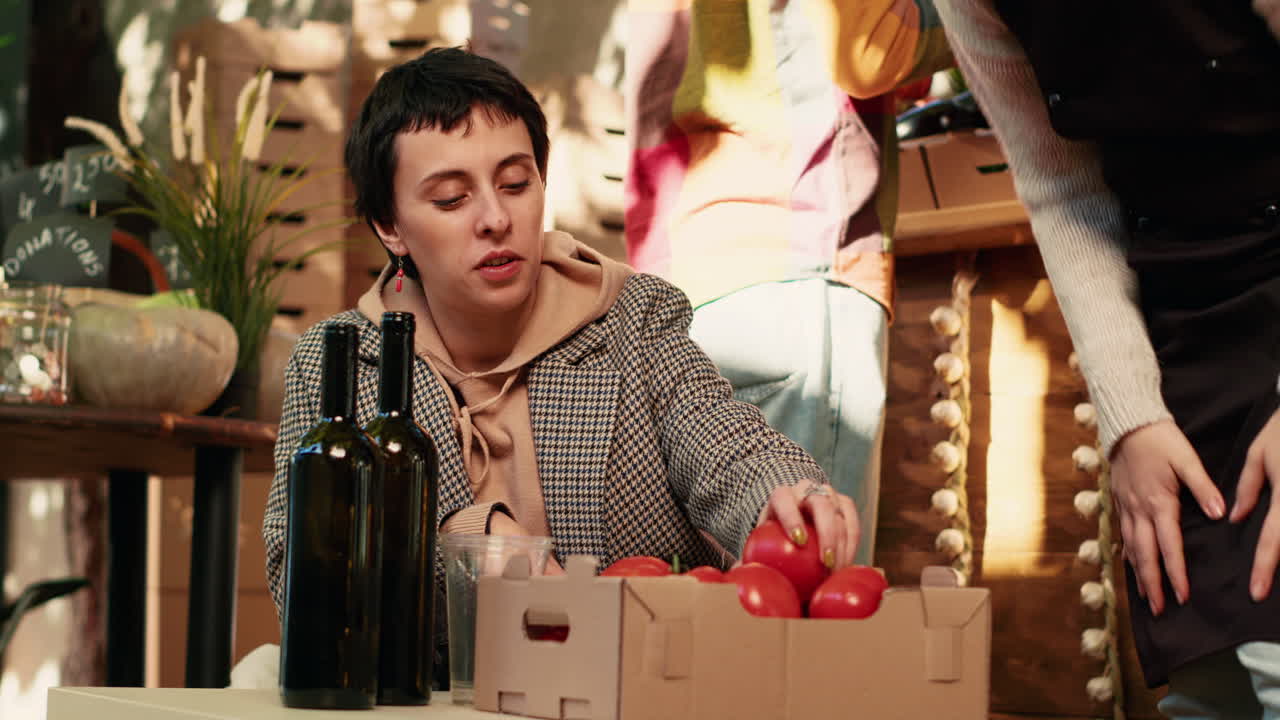 People at a market with tomatoes and wine bottles