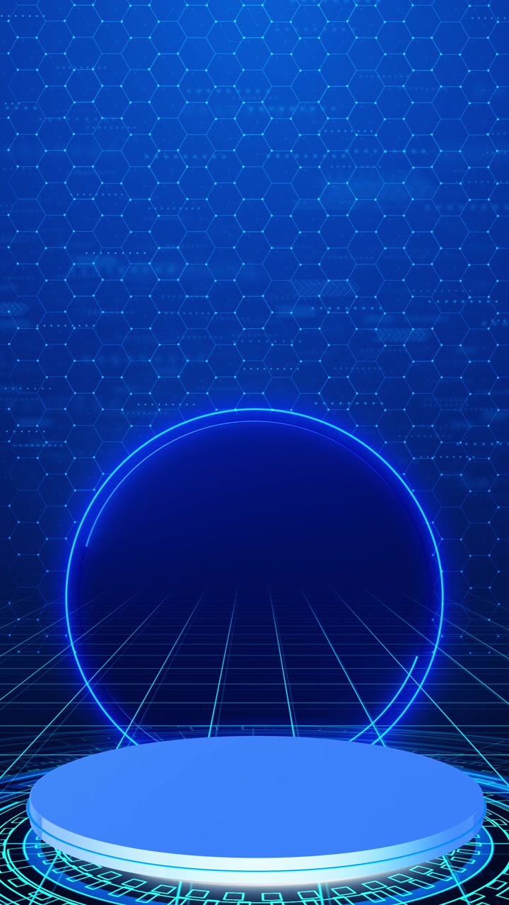 Blå futuristisk produktscenebaggrund, cirkulær platform, bueformet sekskantet gitter, HUD-gulvringe, produkt