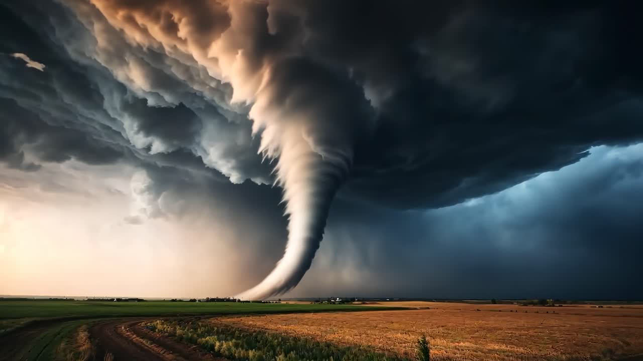 Dramatic wide-angle shot of a tornado touching down on a vast field, capturing the raw power