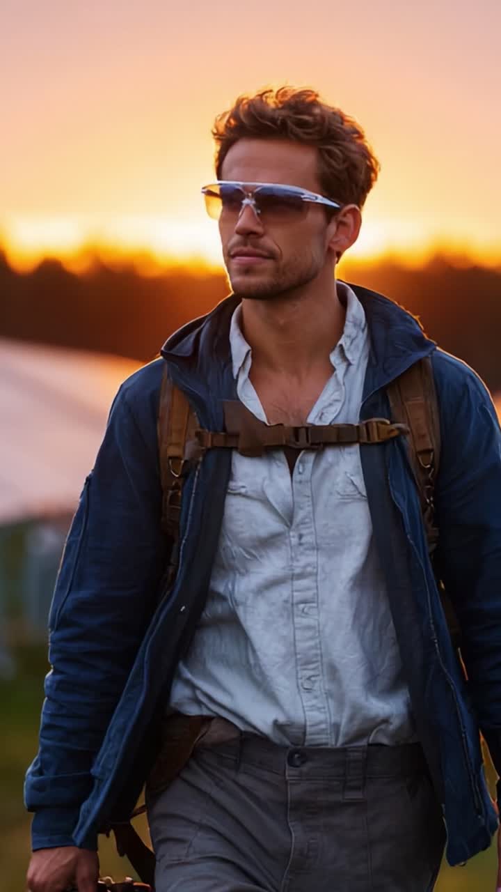 A Young Man Walking Against a Stunning Sunset in Nature, Wearing Protective Sunglasses and a Casual Blue Jacket, Capturing the Essence of Outdoor Adventure and Exploring the Environment