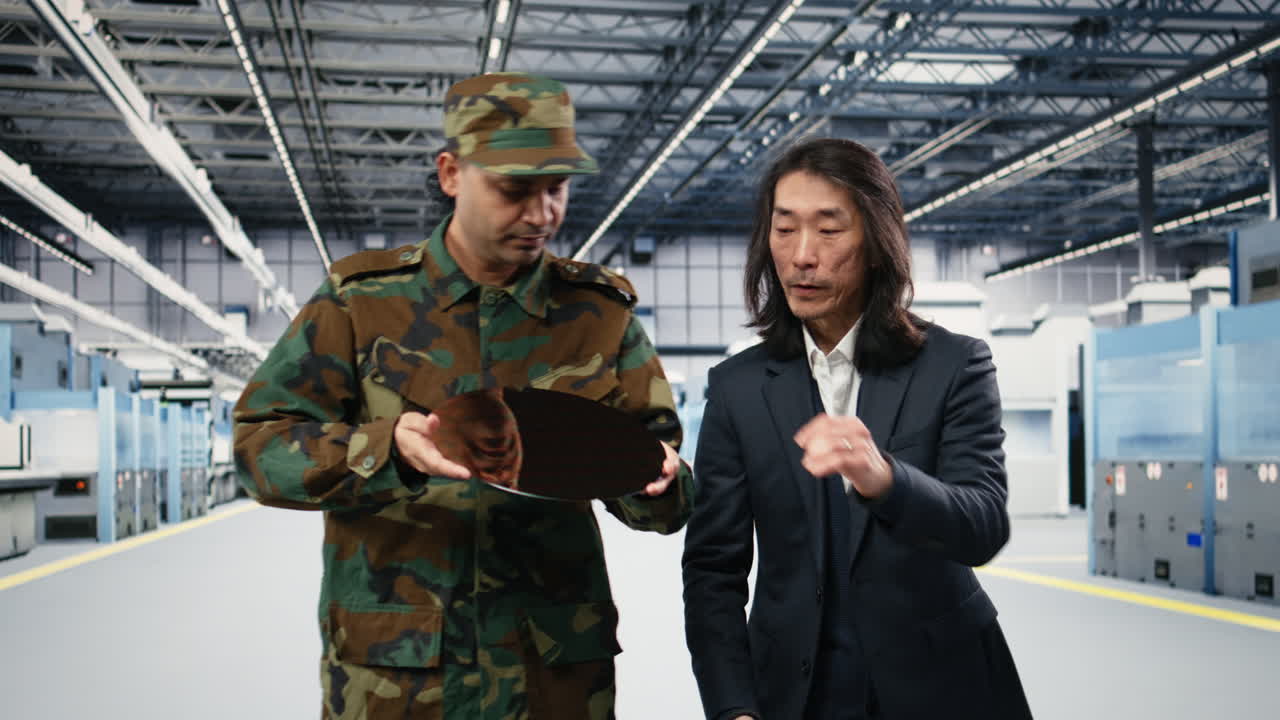 Direttore di fabbrica di produzione microelettronica e soldato si confrontano