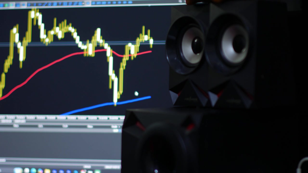 Primo piano di altoparlanti da scrivania con grafico di trading Forex sullo schermo del computer.