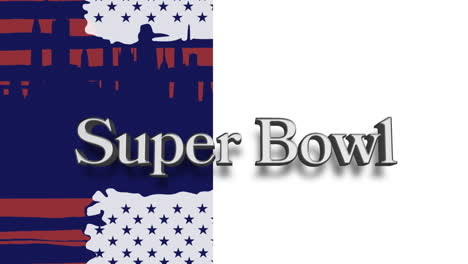 animation of super bowl text over american flag with cityscape