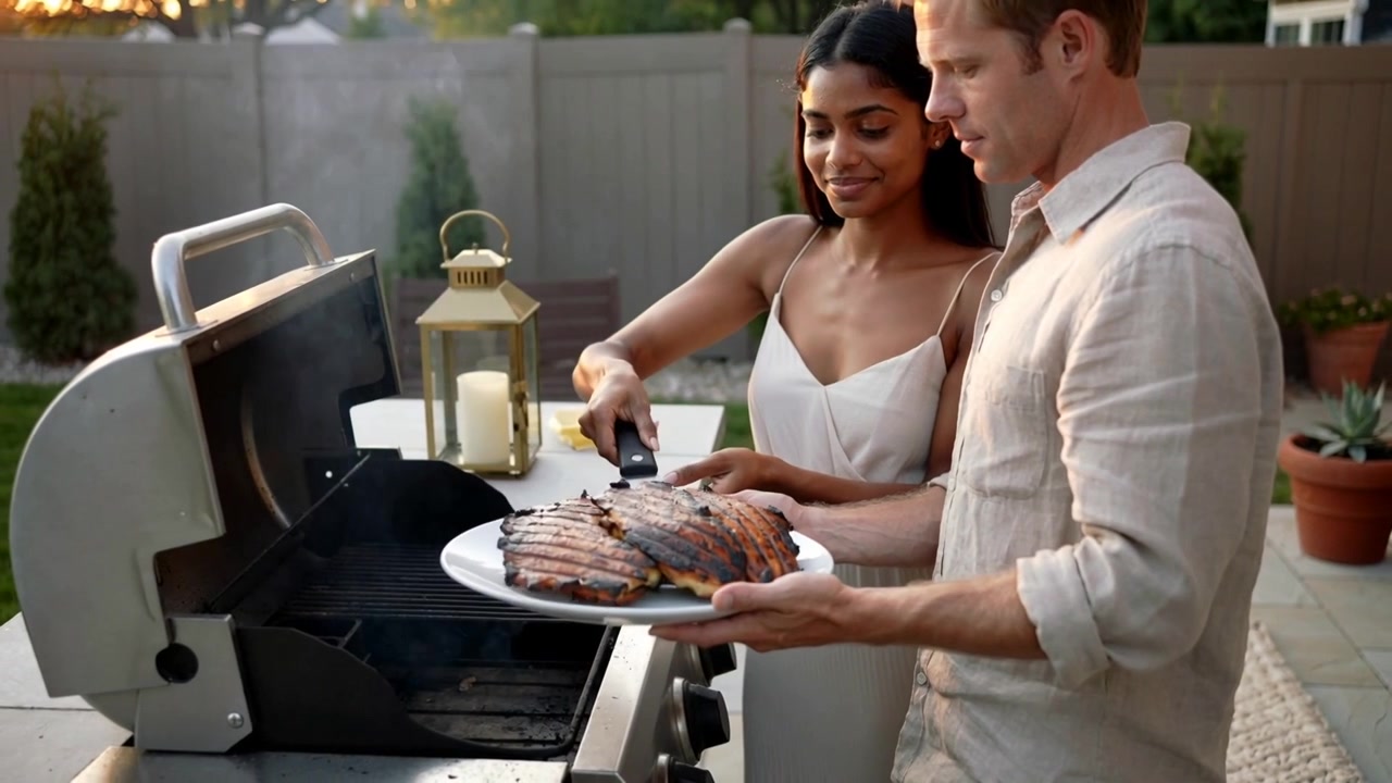Smoke rising, couple in casual clothes serving grilled meat from grill onto plate on patio