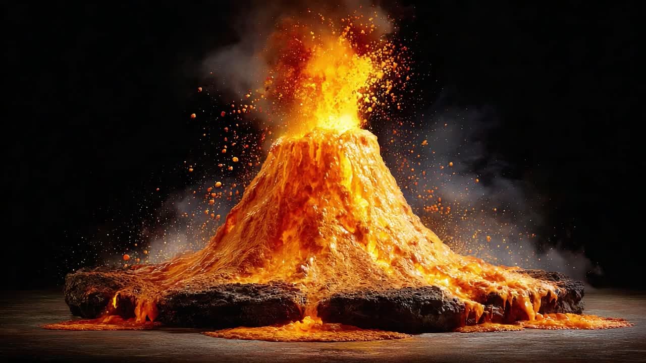 Spectacular Eruption of a Volcano Captured in Stunning Frames Featuring Lava Flow and Emission of Smoke and Ash, Depicting Nature's Raw Power and Beauty