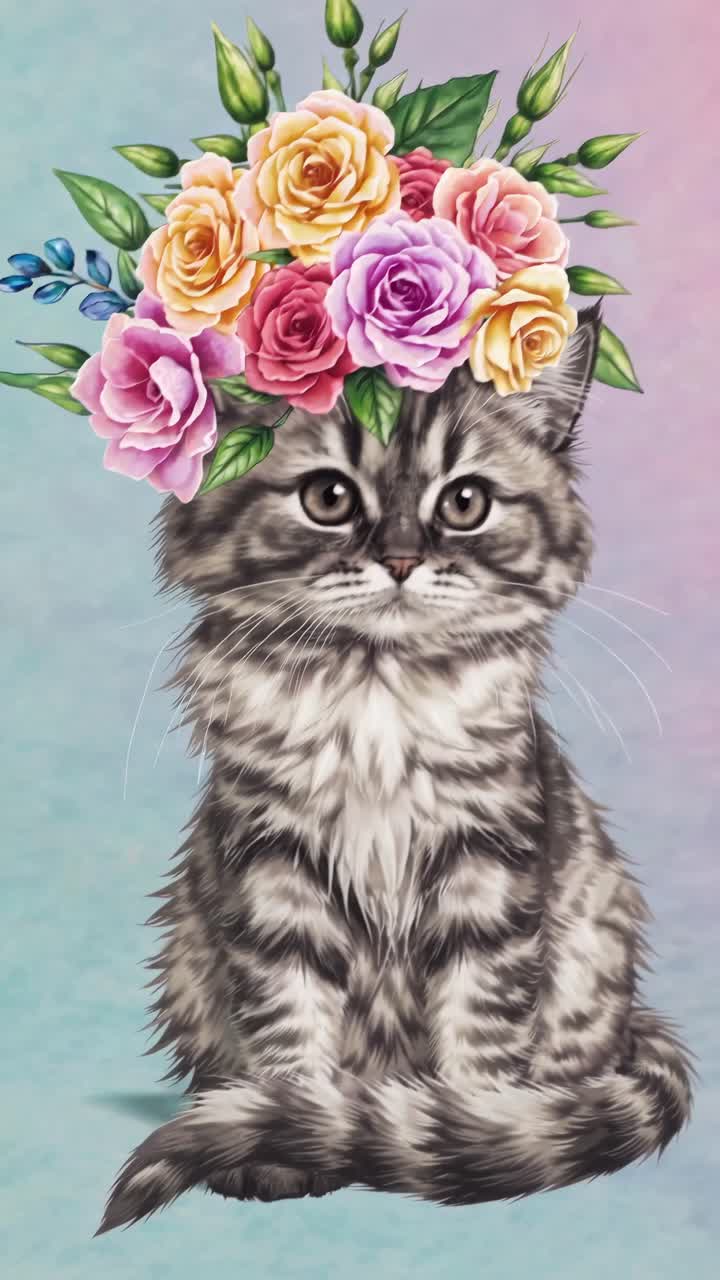 A whimsical video concept featuring a front-facing angle of a fluffy kitten with a colorful floral
