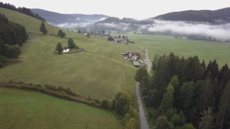 aerial: narrow one lane road links farmhouses in lush foggy valley