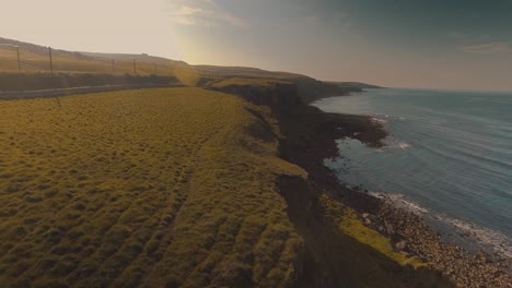 lush greenery coastal cliff with tranquil ocean during sunset at berwick-upon-tweed in scotland. - aerial drone shot