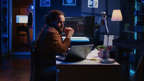 it professional doing multitasking in apartment office while listening music
