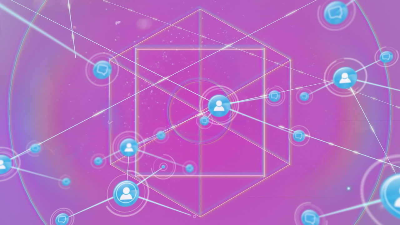 추상적인 기하학적 모양과 다채로운 빛의 반점 위에 디지털 아이콘의 네트워크의 애니메이션