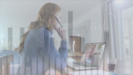 animation of statistics recording over woman using laptop on video call