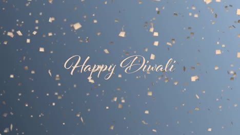 happy diwali text animation over falling confetti on blue background