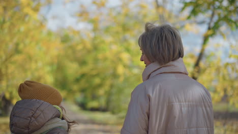 Back view of mother and child walking side by side along leaf-strewn path in autumn forest, soft focus background of golden foliage swaying gently in breeze and wind under calm sky