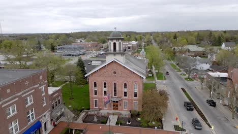 historic stueben county courthouse in angola, indiana with drone video pulling out