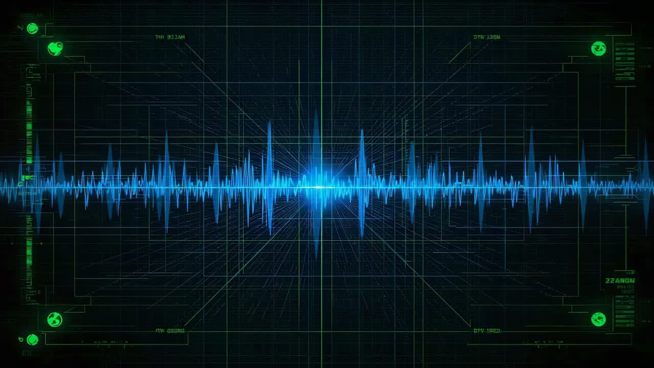 Animating blue waveform reacting to frames on HUD, pulsing central spike showing signal changes
