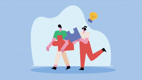 business persons couple with puzzle animation
