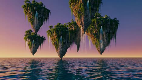 floating islands in a sea sunset
