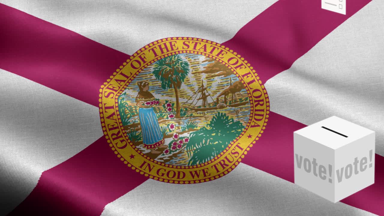 estado de florida - las papeletas vuelan a la caja para la selección de florida - caja de votación frente a la bandera - elección - voto - bandera nacional patrón de onda del estado de florida elementos en bucle - textura de tela y bucle sin fin - bandera en bucle del estado de florida - banderas estatales de américa