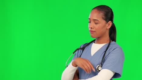 Doctor,-woman-pointing-and-green-screen