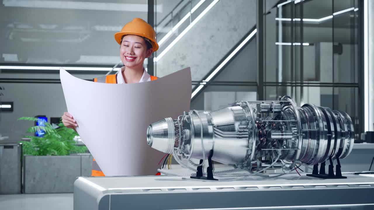 женщина-инженер, рассматривающая планы проектирования ракетного двигателя в современном учреждении