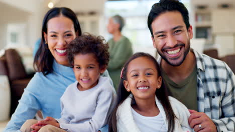 happy, family and portrait on sofa in living room