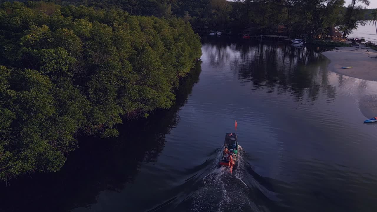Una barca passa dal mare tra le mangrovie sul fiume.