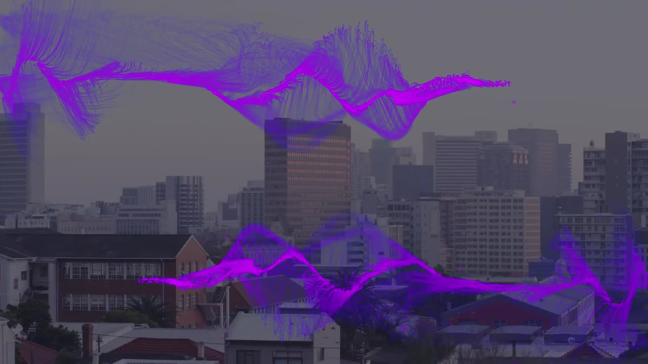 Animation of purple wave over cityscape