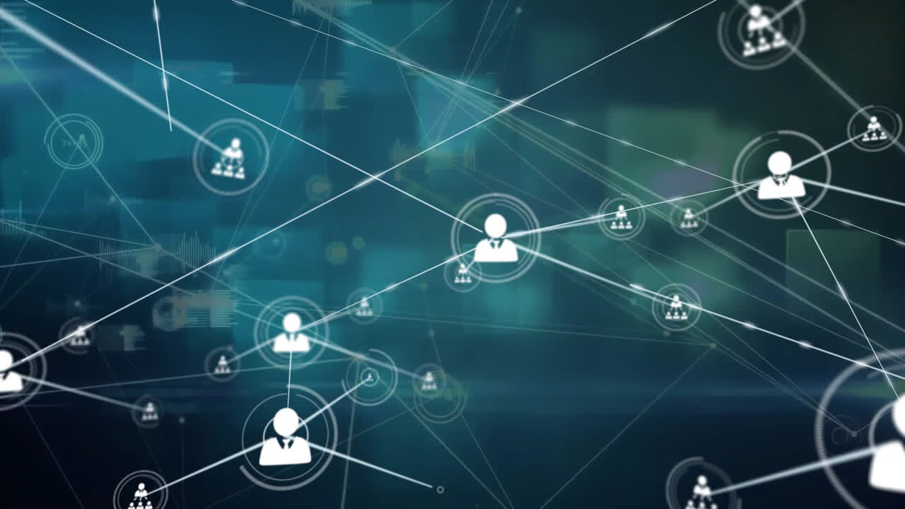 Animation of network of connections with people icons over dark background