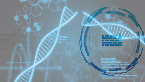 Verarbeitung-Wissenschaftlicher-Daten,-Animation-Von-DNA-Strängen-Vor-Einem-Hintergrund-Mit-Sechseckigen-Formen