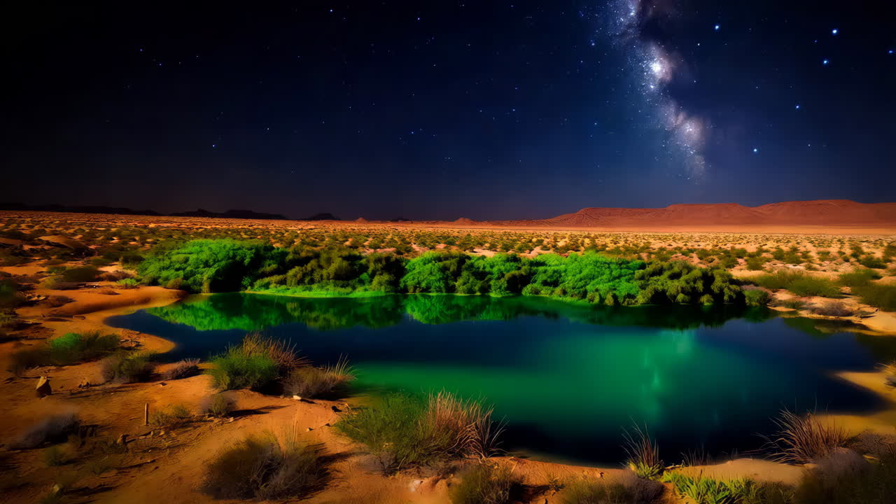 Desert Oasis Under the Milky Way at Night