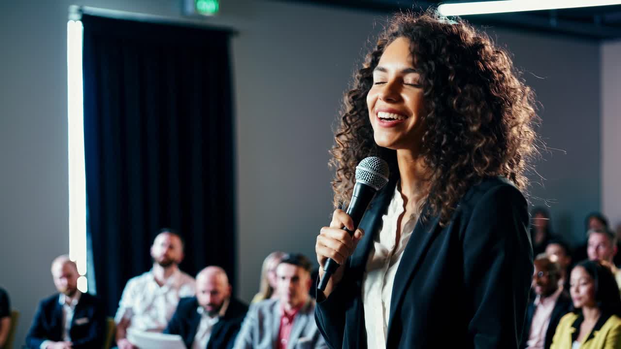 A dynamic video still of a confident speaker with curly hair, captured from a side angle