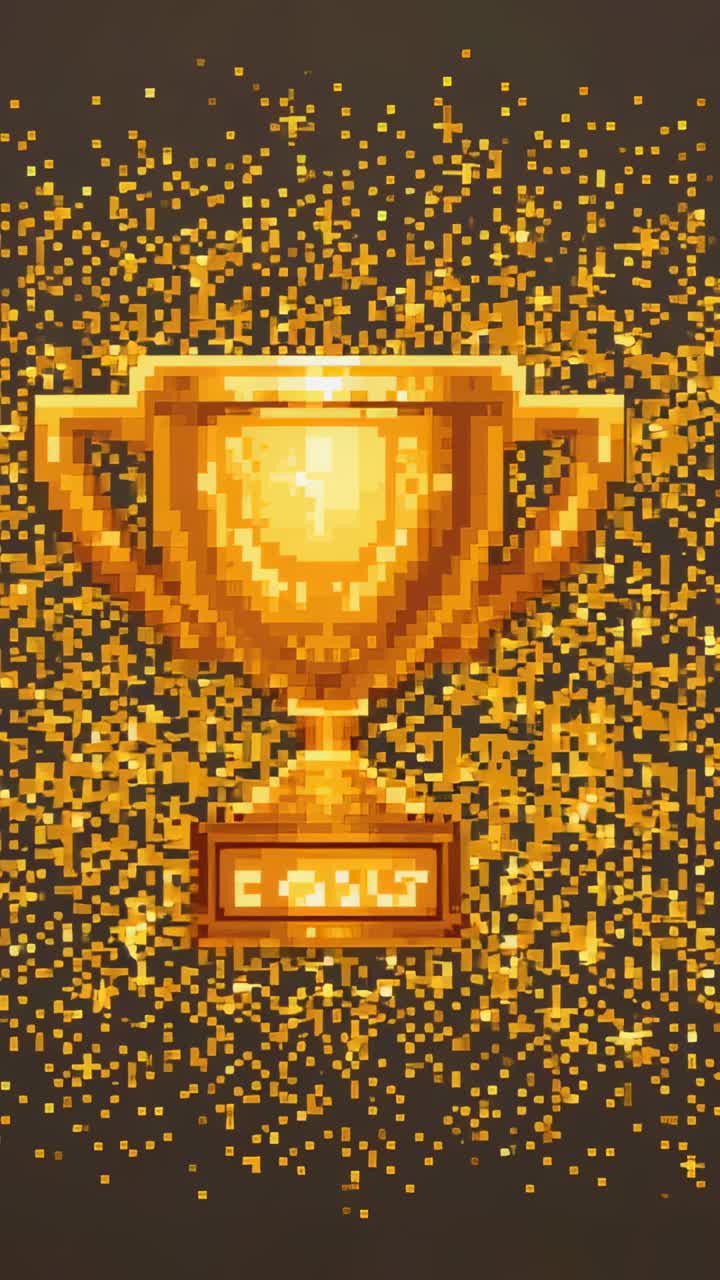 Video verticale: loop con pixel iniziali, coppa d'oro che segna la vittoria, coriandoli che cadono su un campo scuro, targa