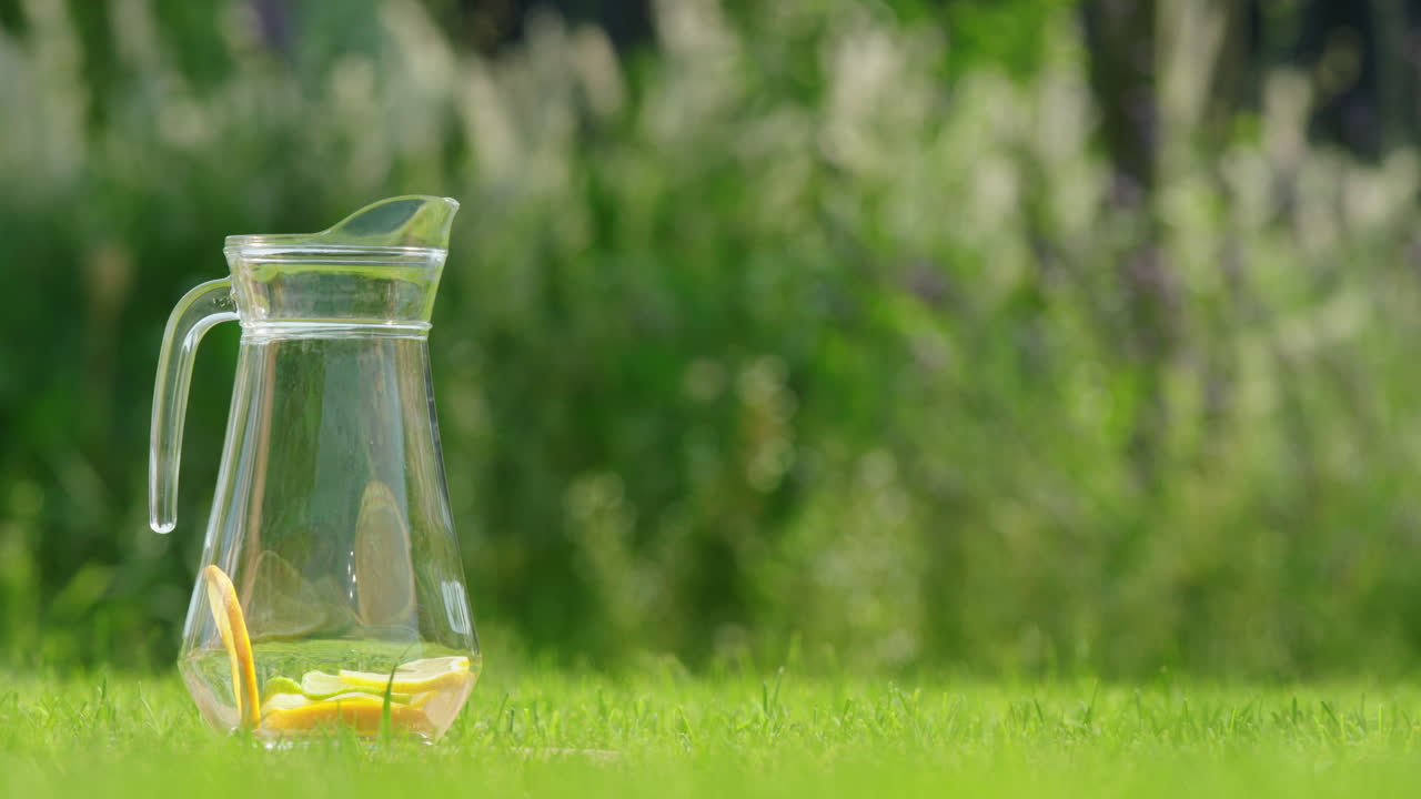 정원에서 레몬과 오렌지 조각이 있는 유리 항아리