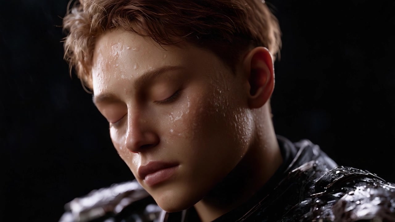A Close-Up Portrait of a Young Figure in Armor, Eyes Closed, with Water Droplets on Their Skin, Creating a Dramatic and Intense Atmosphere in Low Light