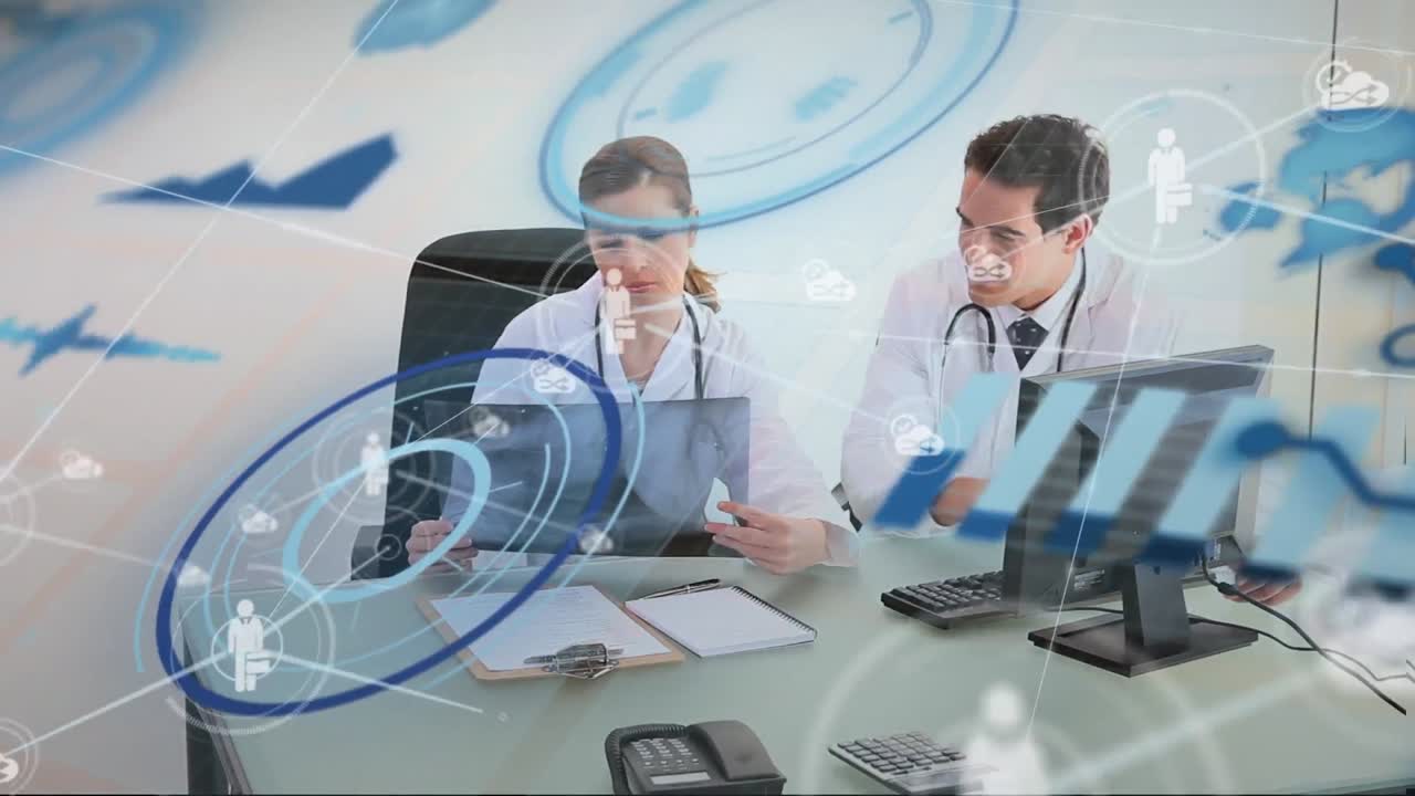 animación de la red de conexiones sobre los médicos caucásicos hablando