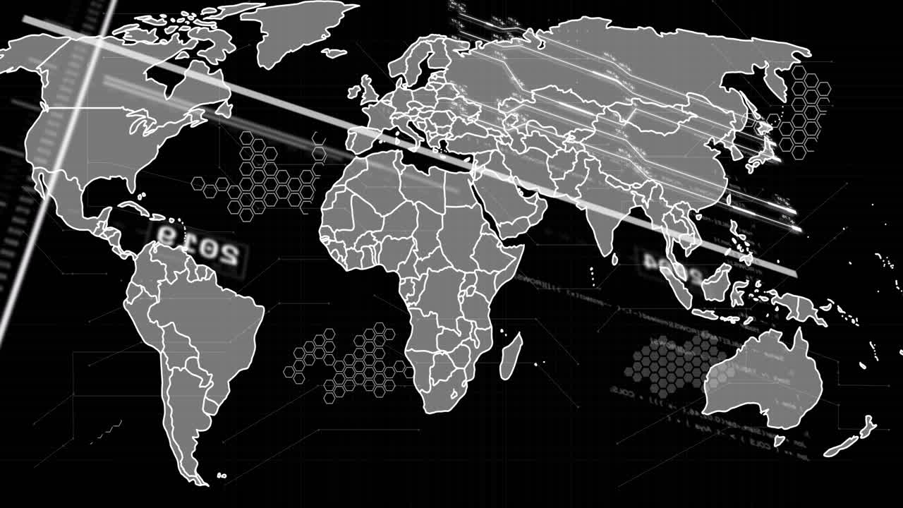 animación del procesamiento de datos y el mapa del mundo sobre fondo negro