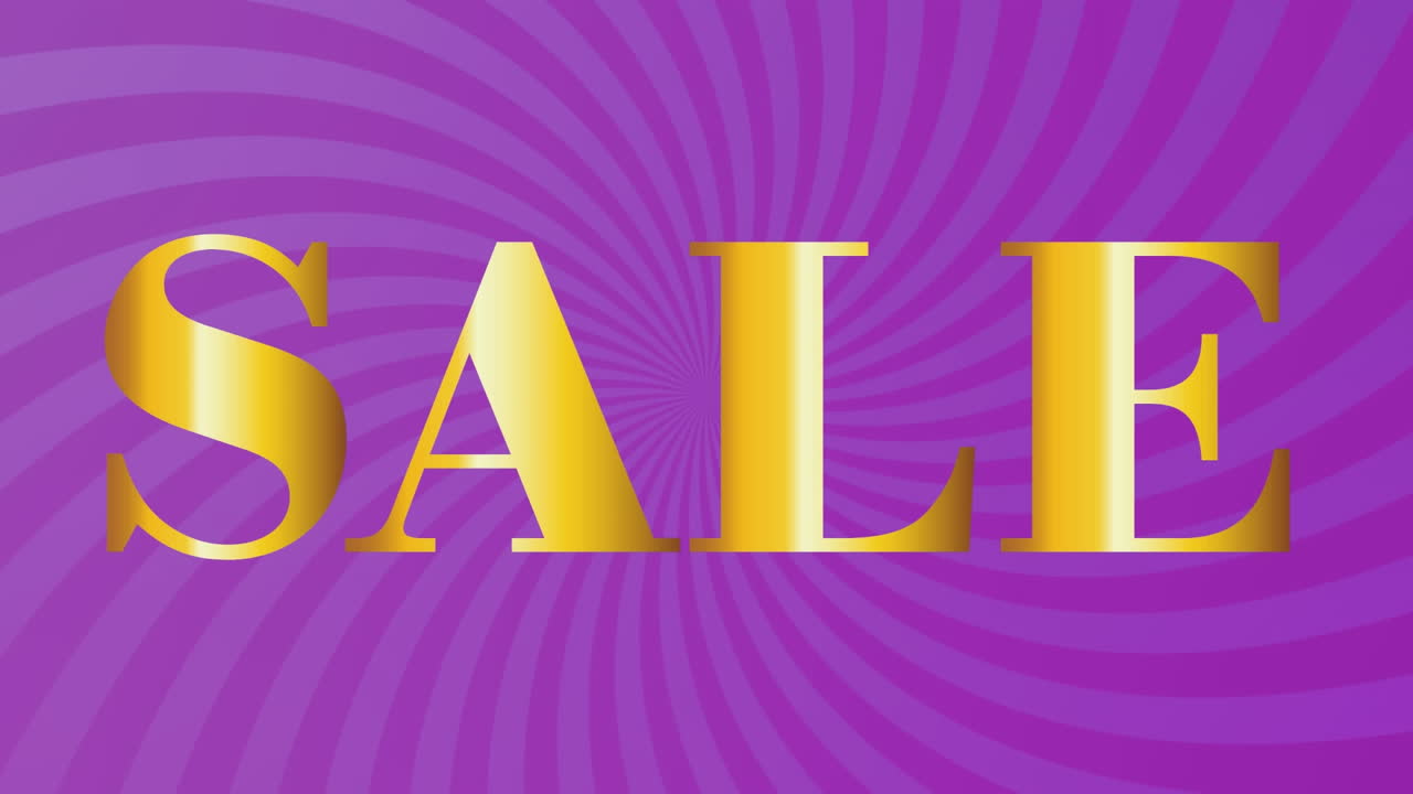 animación del texto de venta de gradiente sobre el patrón de explosión solar contra un fondo púrpura