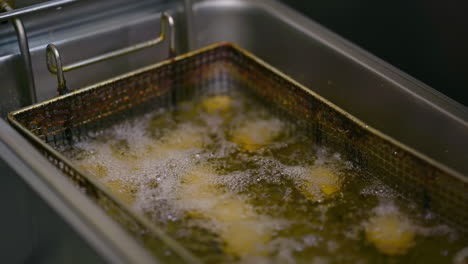 fries in the deep fryer. chef cooking in modern kitchen of restaurant