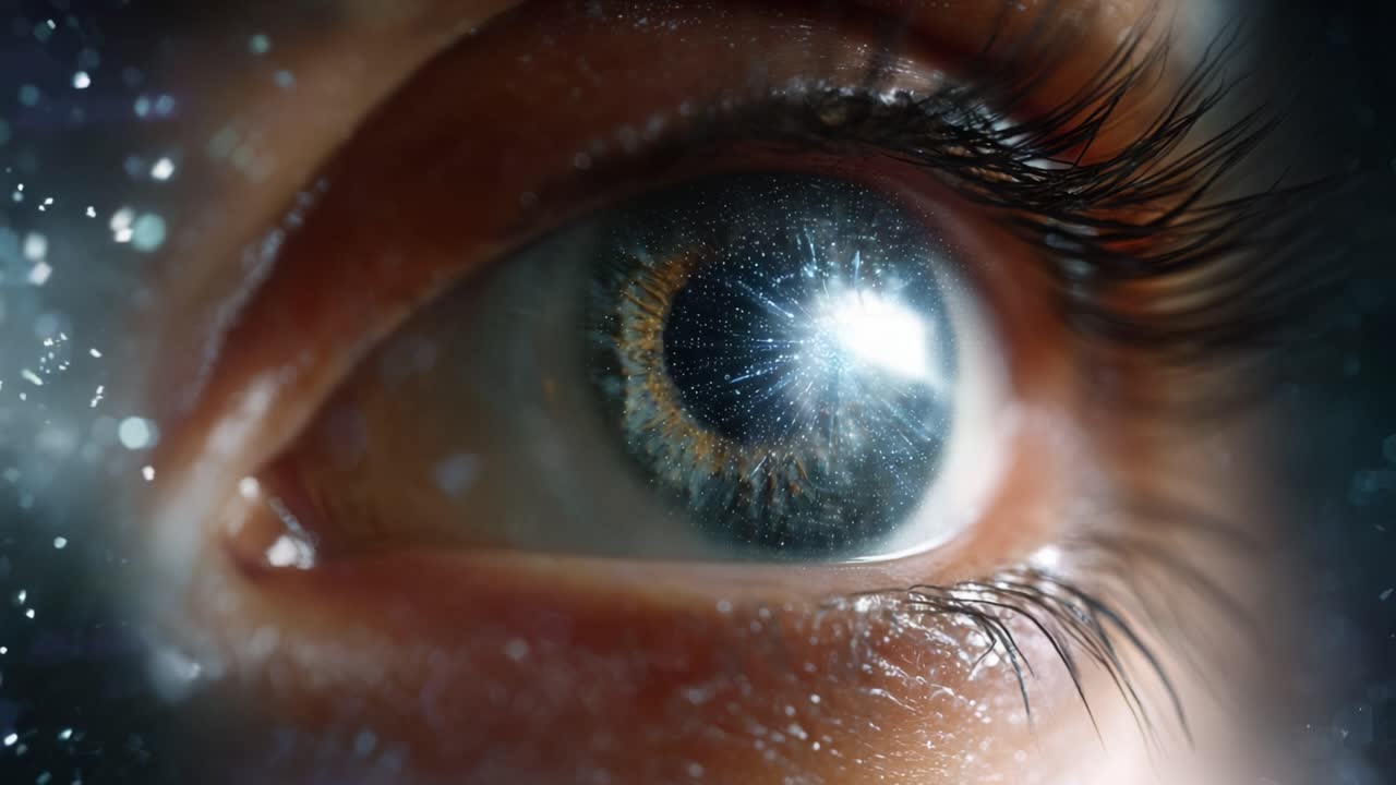 Un primo piano di un occhio che cattura una luce brillante con texture e colori dettagliati, evidenziando la profondità e le complessità dell'occhio umano con sorprendente chiarezza.