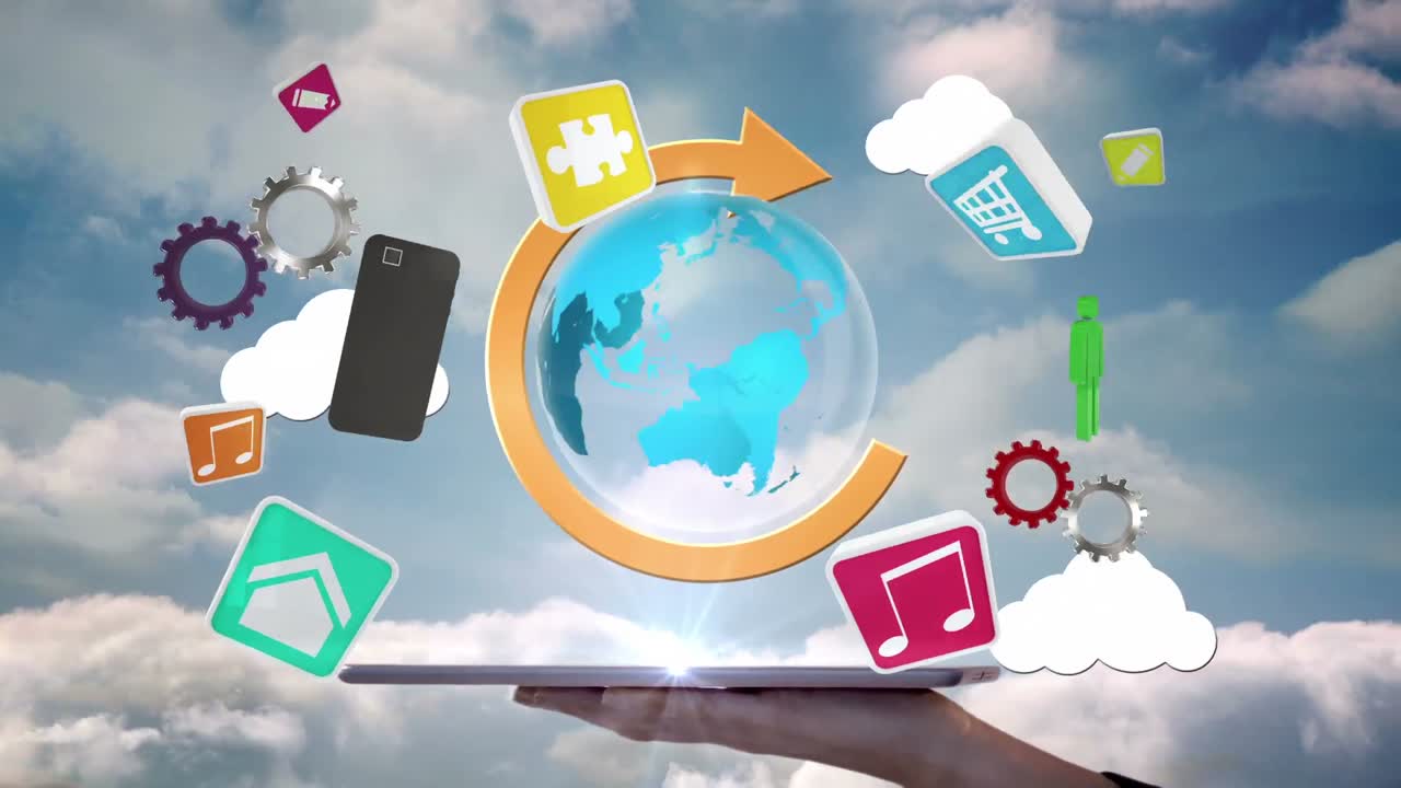 태블릿을 사용하여 홀로그램을 보는 사업가