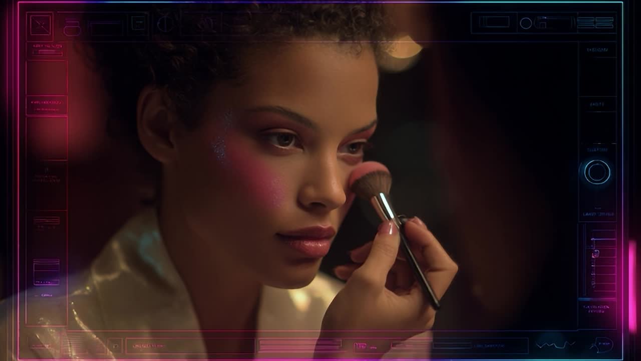 Woman applying makeup in a dimly lit setting before an event